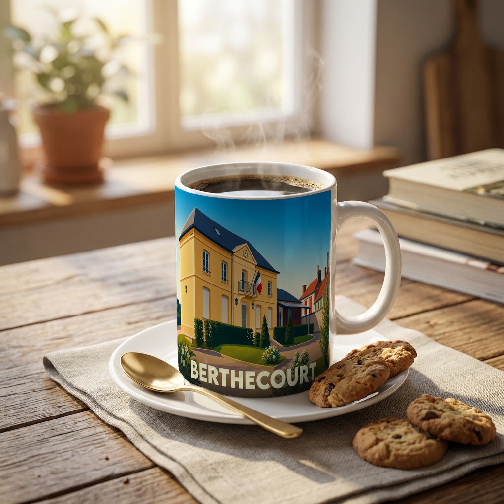Mug souvenir de la ville de Berthecourt avec une illustration stylisée d'un bâtiment officiel.