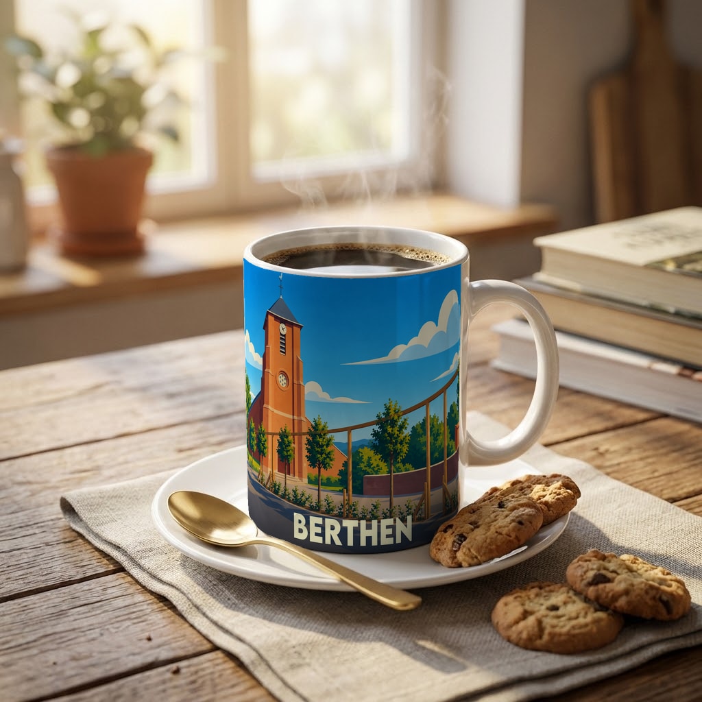 Mug souvenir de la ville de Berthen avec une illustration stylisée.