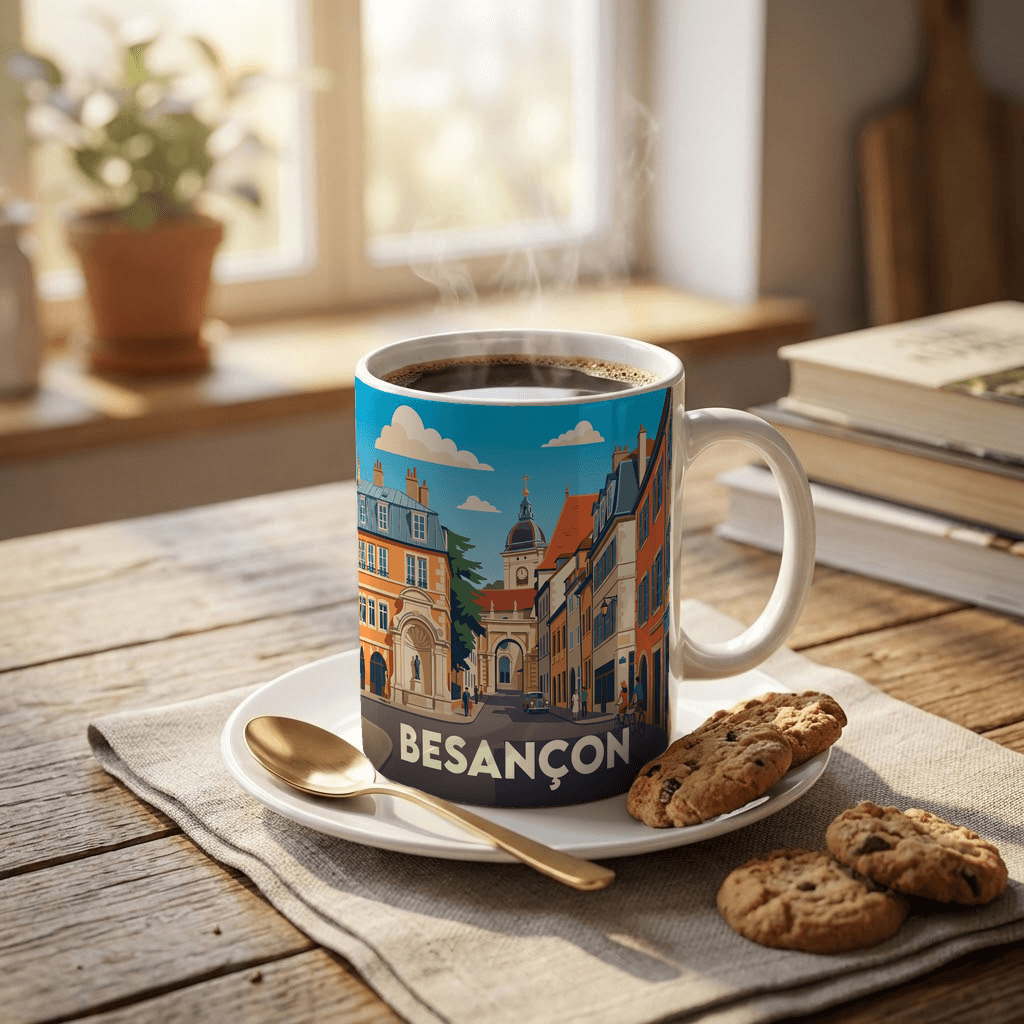 Mug souvenir de la ville de Besançon avec une illustration stylisée.