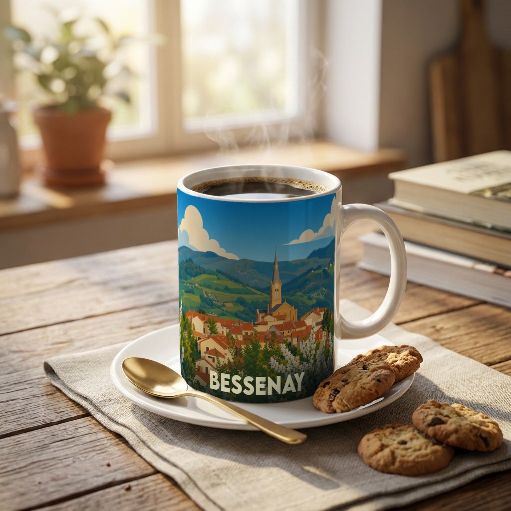 Mug souvenir de la ville de Bessenay avec une illustration stylisée d'un paysage vallonné.