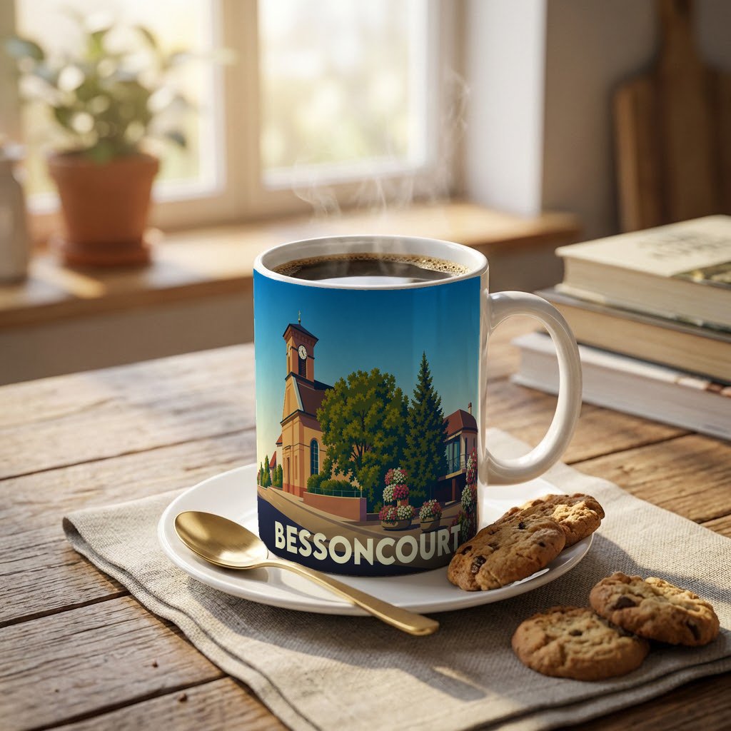 Mug souvenir de la ville de Bessoncourt avec une illustration stylisée de son église.