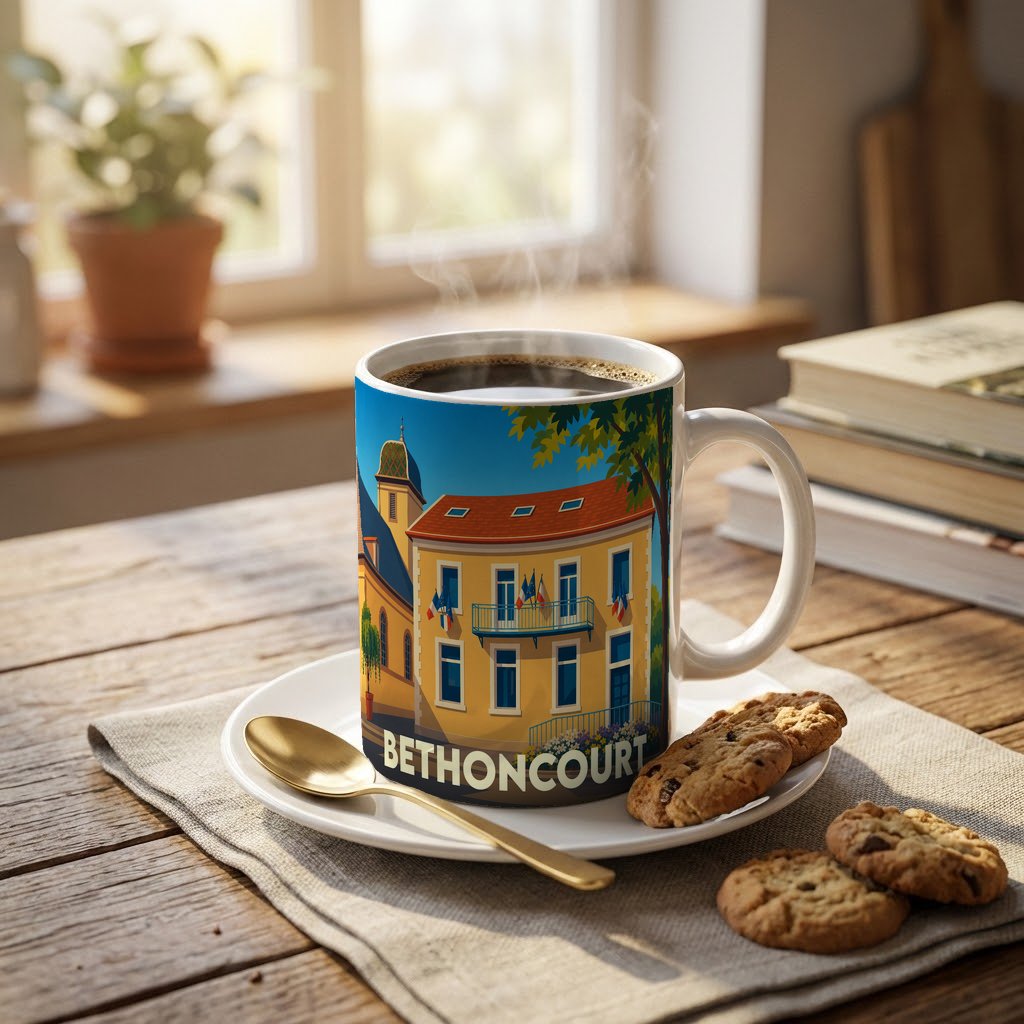 Mug souvenir de la ville de Bethoncourt orné d'une illustration stylisée de son architecture locale.