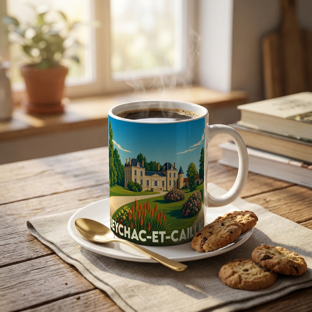 Mug souvenir de la ville de Beychac-et-Caillau avec une illustration stylisée de château.