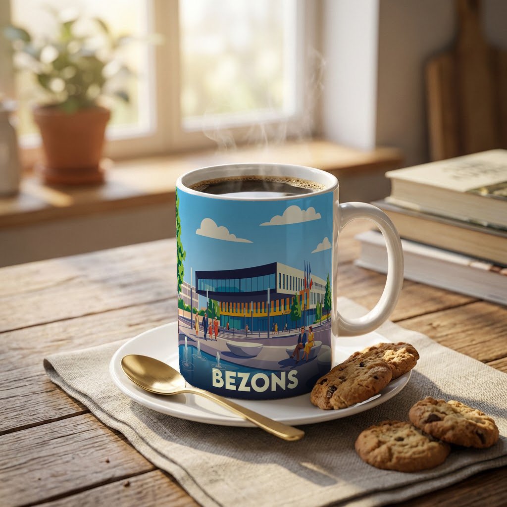 Mug souvenir de la ville de Bezons avec une illustration stylisée.