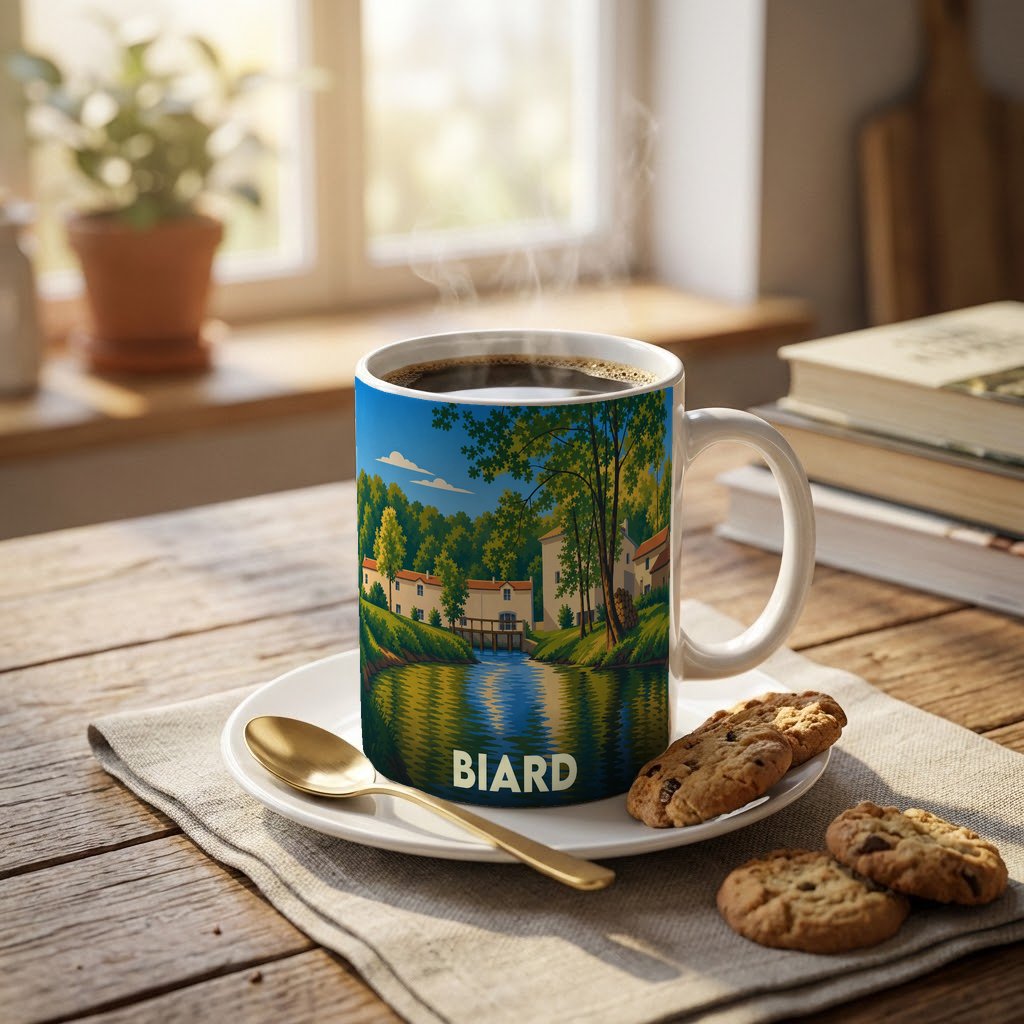 Mug souvenir de la ville de Biard illustré d'un paysage bucolique au bord de l'eau.