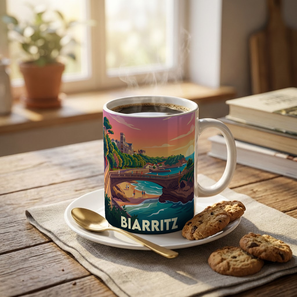 Mug souvenir de la ville de Biarritz avec une illustration stylisée de son littoral.