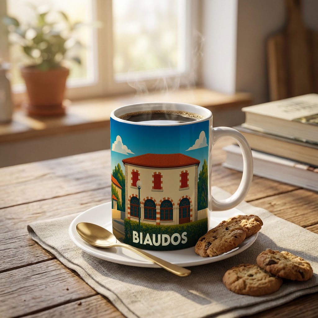 Mug souvenir de la ville de Biaudos illustré par un dessin stylisé de son architecture locale.