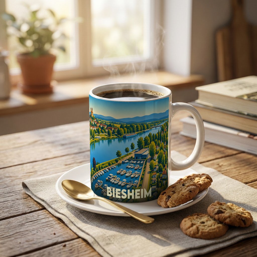 Mug souvenir de la ville de Biesheim orné d'une illustration stylisée de son port et de ses paysages.