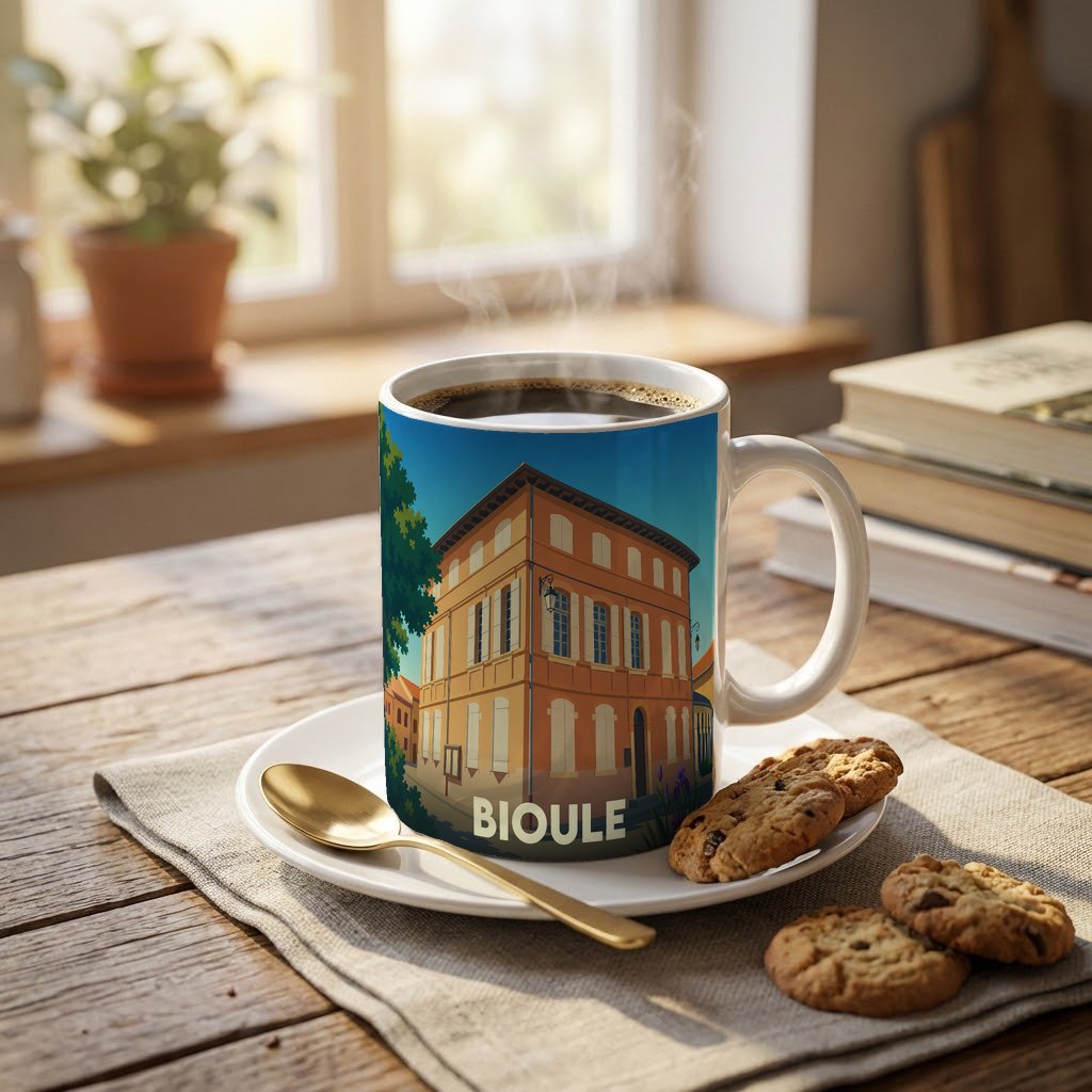Mug souvenir de la ville de Bioule avec une illustration stylisée d'un bâtiment historique.