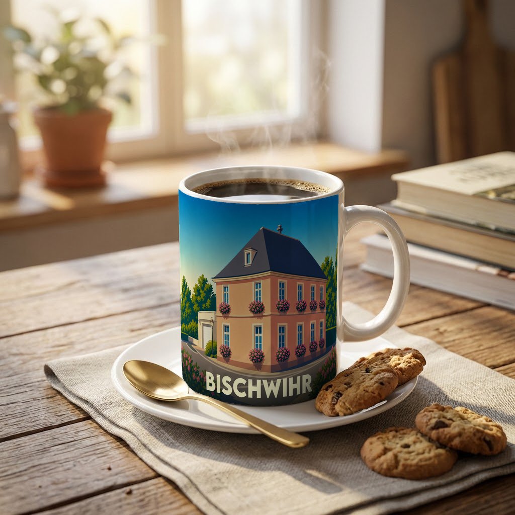 Mug souvenir de la ville de Bischwihr orné d'une illustration stylisée d'une maison alsacienne fleurie.