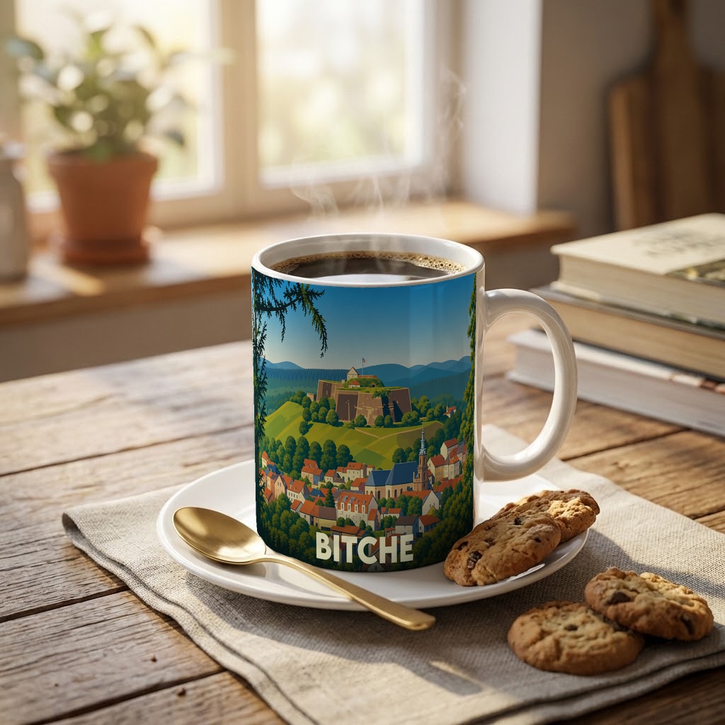 Mug souvenir de la ville de Bitche orné d'une illustration stylisée de sa citadelle et de ses maisons.