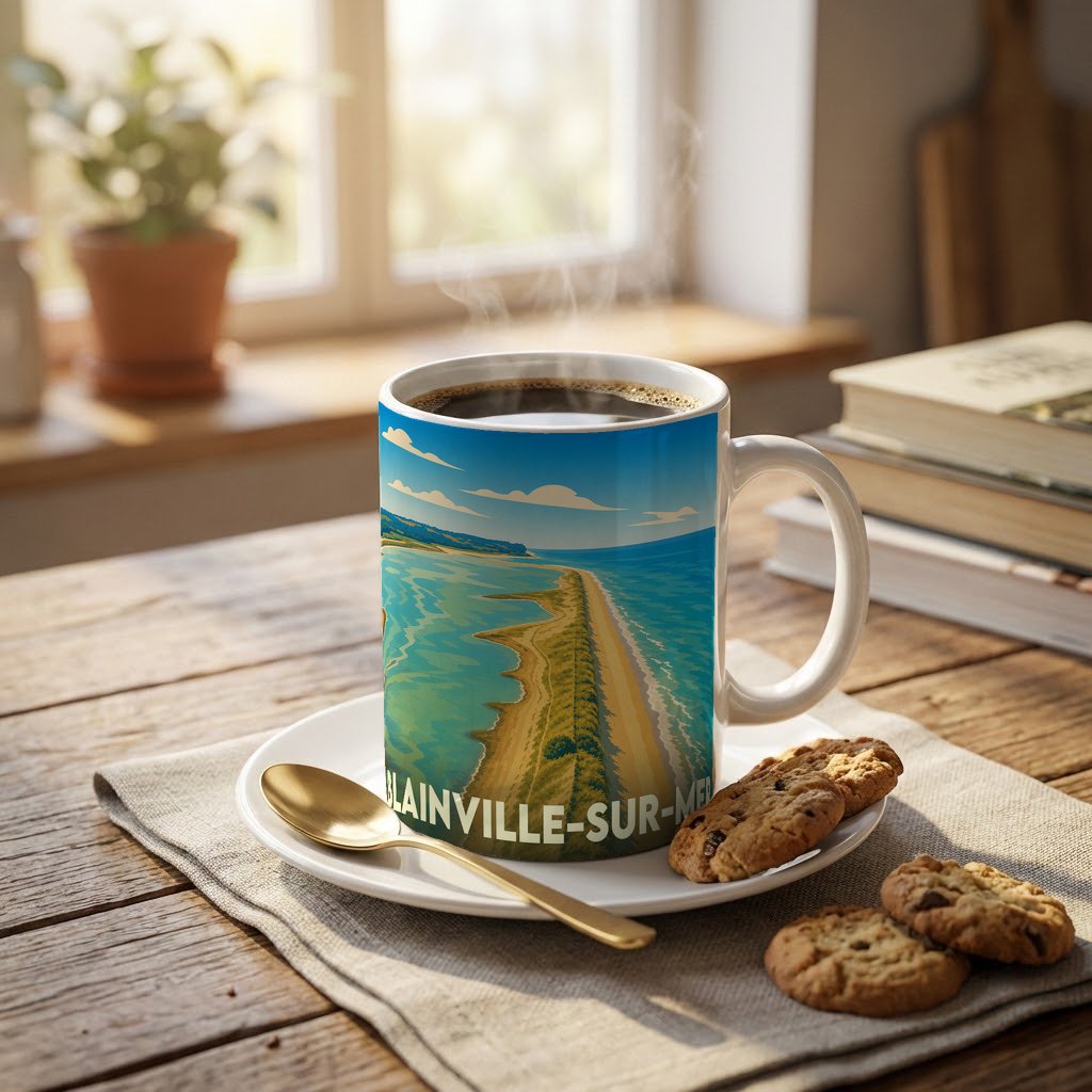 Mug souvenir de la ville de Blainville-sur-Mer avec une illustration stylisée du littoral.