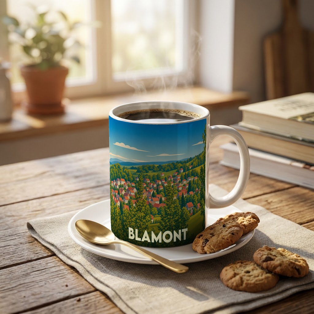 Mug souvenir de la ville de Blamont orné d'une illustration paysagère stylisée.