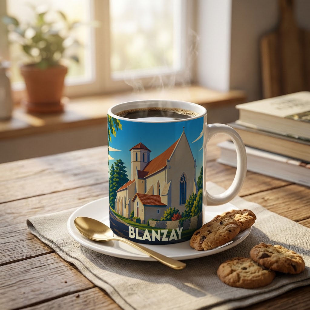 Mug souvenir de la ville de Blanzay illustré d'une vue stylisée de son église.