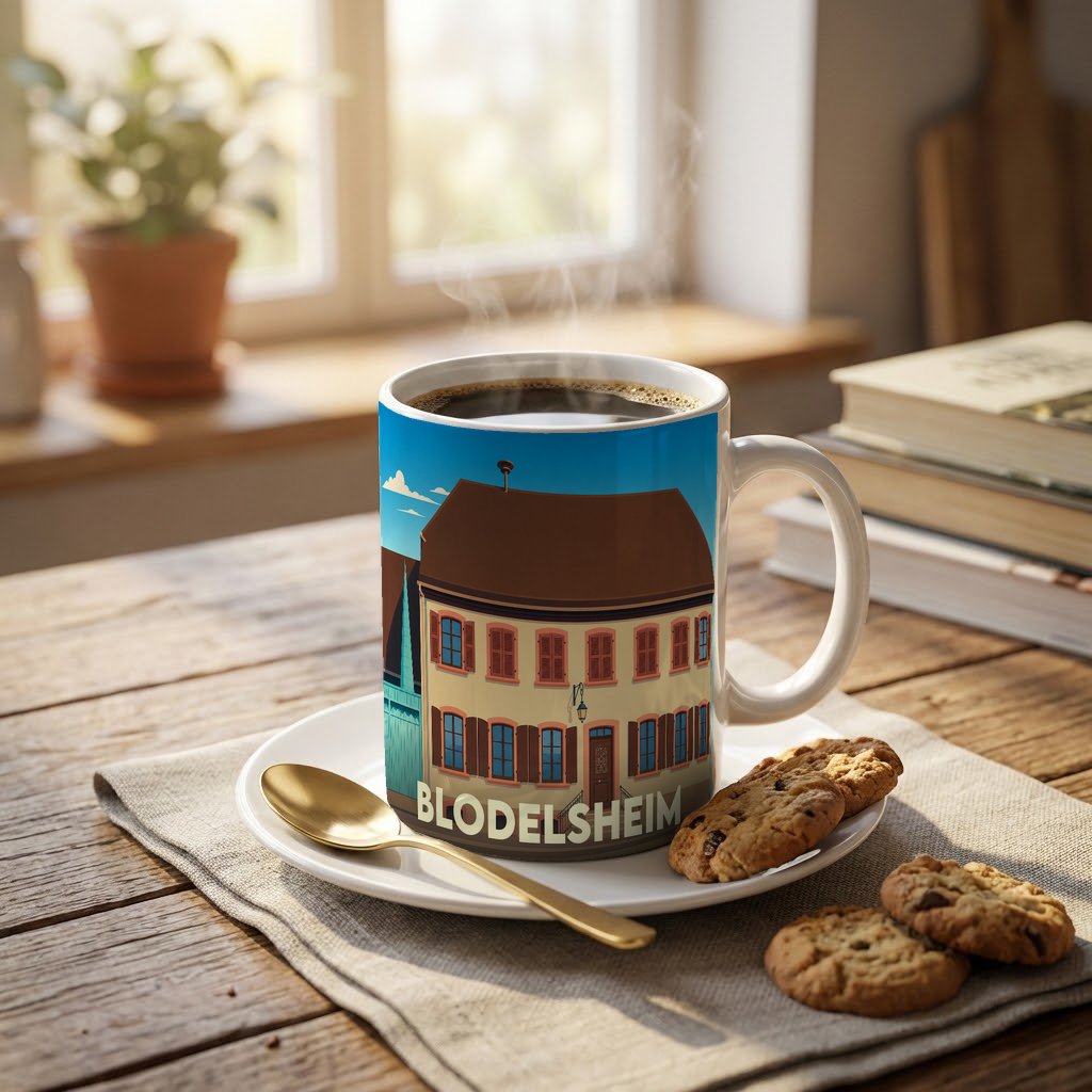 Mug souvenir de la ville de Blodelsheim avec une illustration stylisée d'un bâtiment traditionnel alsacien.