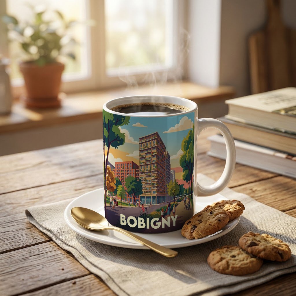 Mug souvenir de la ville de Bobigny avec une illustration stylisée et colorée de son paysage urbain.