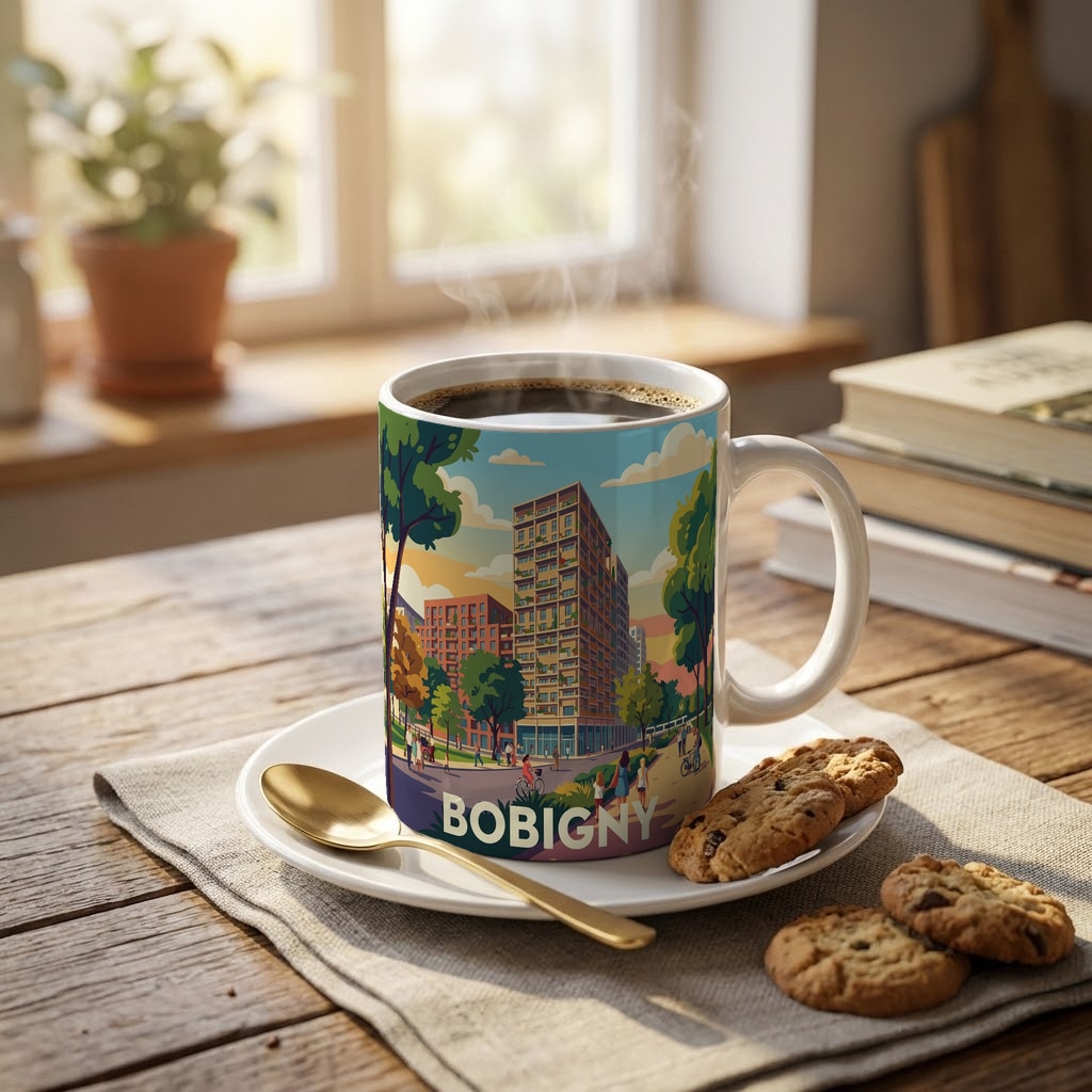 Mug souvenir de la ville de Bobigny avec une illustration stylisée et colorée de son paysage urbain.