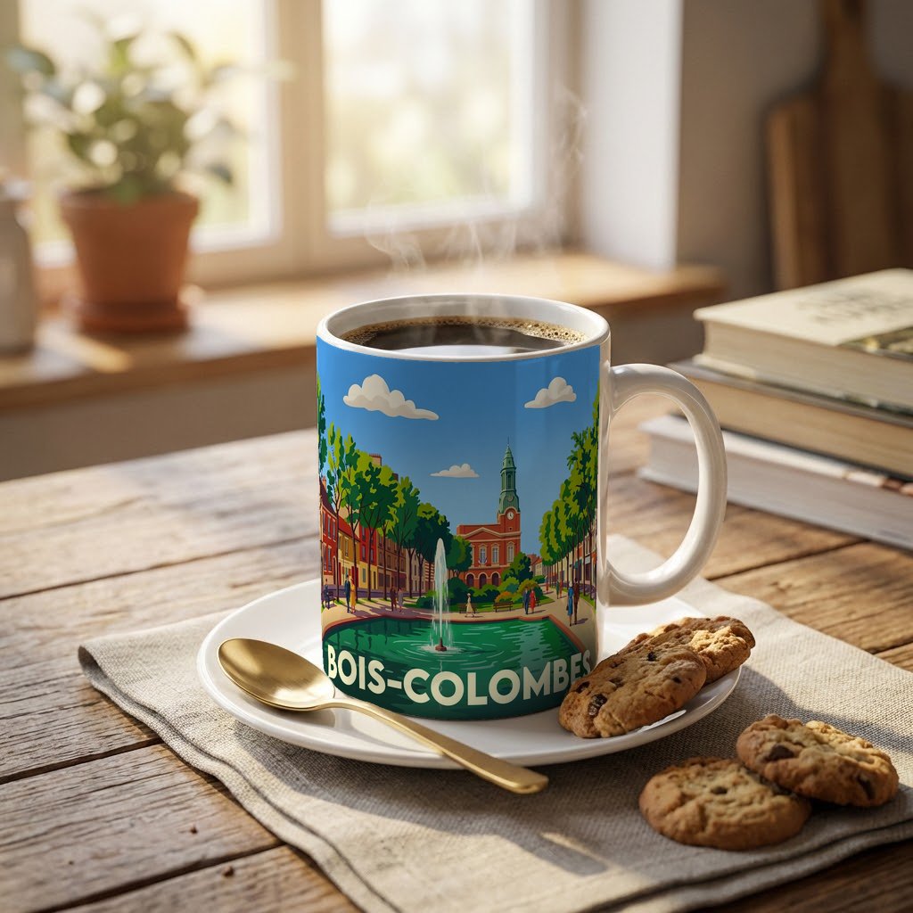 Mug souvenir de la ville de Bois-Colombes avec une illustration stylisée.