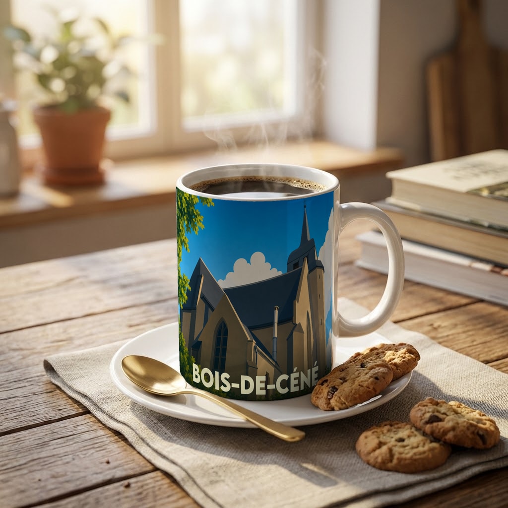 Mug souvenir de la ville de Bois-de-Céné avec une illustration stylisée de son église.