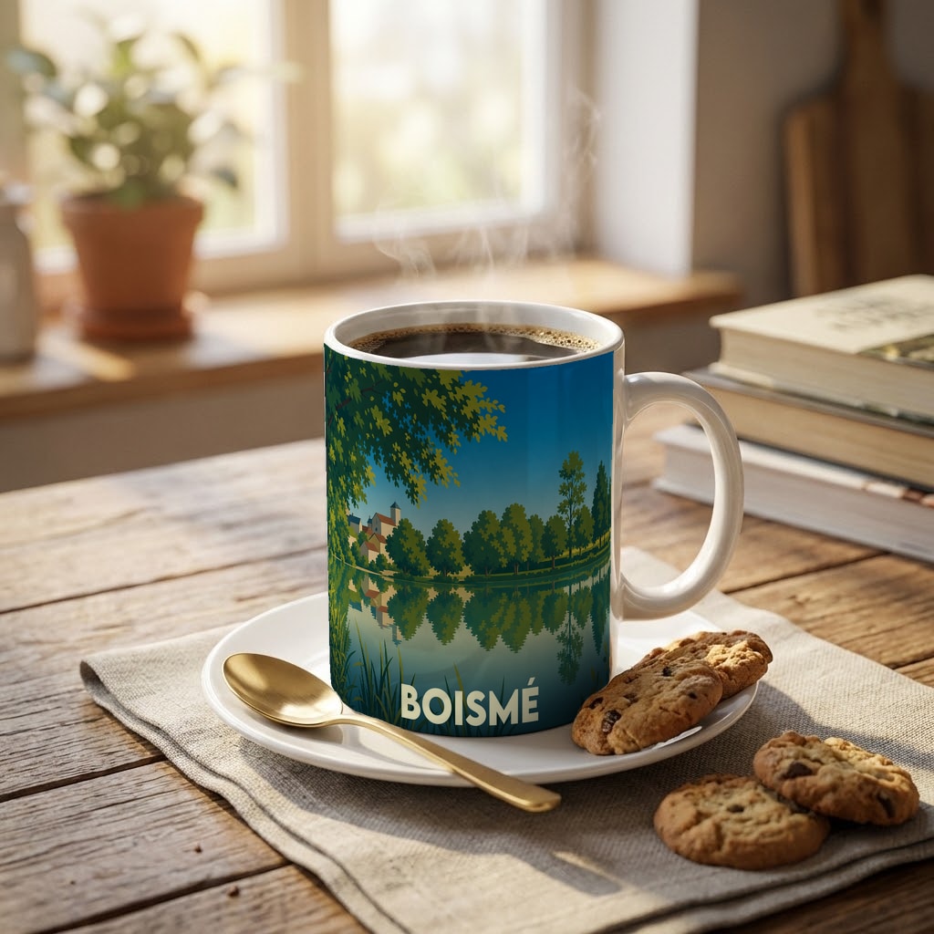 Mug souvenir de la ville de Boismé orné d'une illustration stylisée d'un paysage lacustre.
