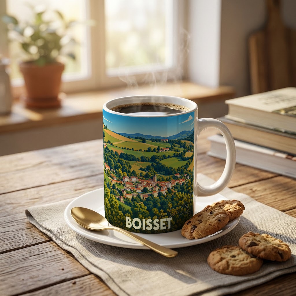 Mug souvenir de la ville de Boisset illustré par un paysage vallonné et pittoresque du Cantal.