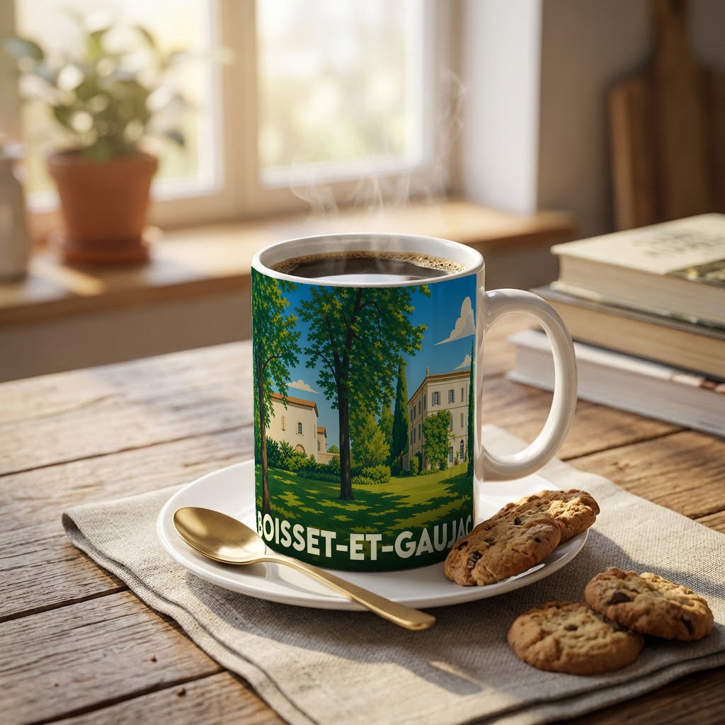 Mug souvenir de la ville de Boisset-et-Gaujac illustré d'un pont en pierre historique.