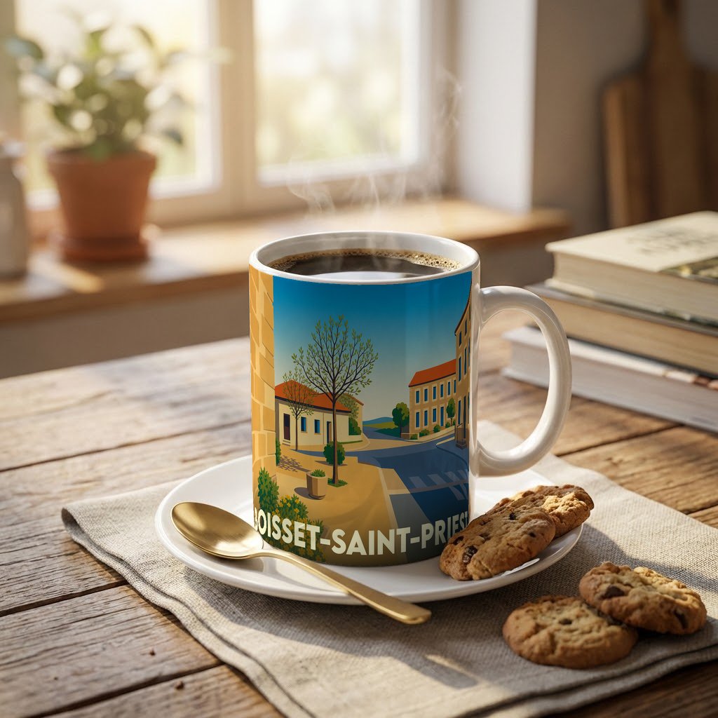 Mug souvenir de la ville de Boisset-Saint-Priest avec une illustration stylisée.