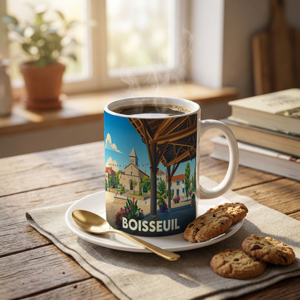 Mug souvenir de la ville de Boisseuil orné d'une illustration stylisée du centre-bourg et de ses halles.