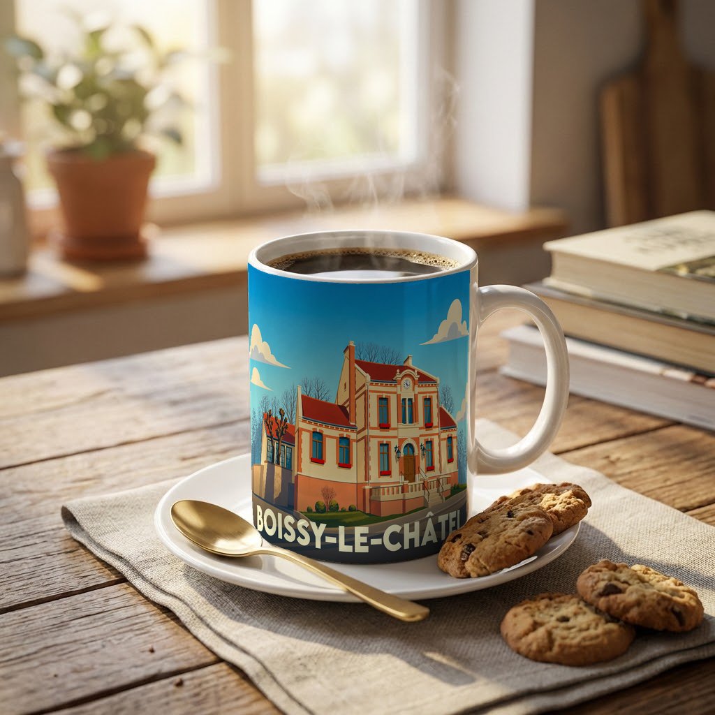Mug souvenir de la ville de Boissy-le-Châtel orné d'une illustration colorée de la mairie.