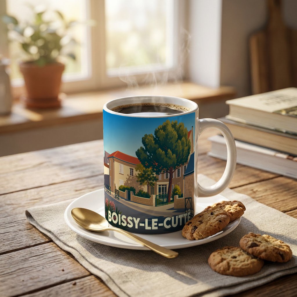 Mug souvenir de la ville de Boissy-le-Cutté avec une illustration stylisée d'un paysage urbain.