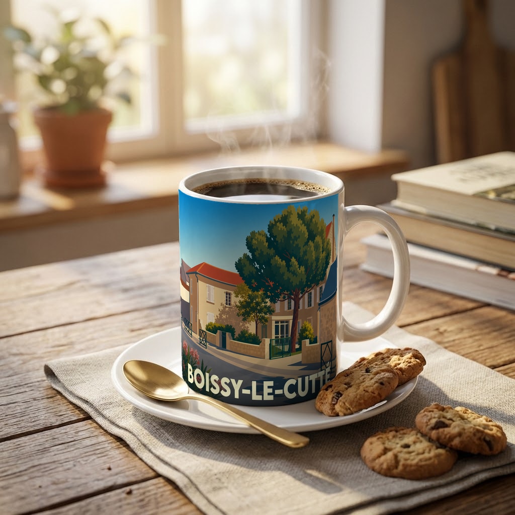 Mug souvenir de la ville de Boissy-le-Cutté avec une illustration stylisée d'un paysage urbain.