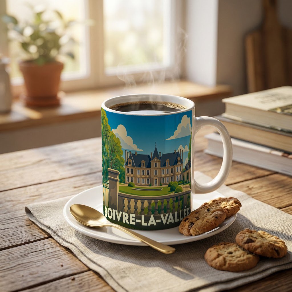 Mug souvenir de la ville de Boivre-la-Vallée avec une illustration stylisée d'un château.