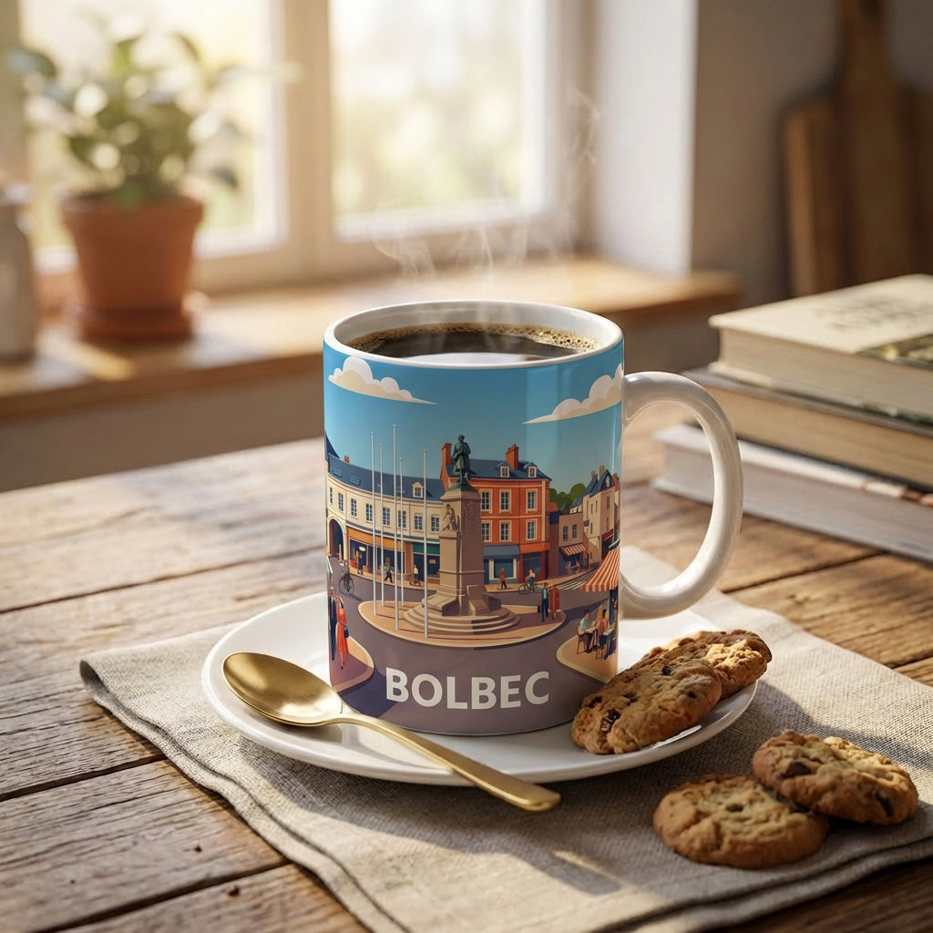 Mug souvenir de la ville de Bolbec avec une illustration stylisée.