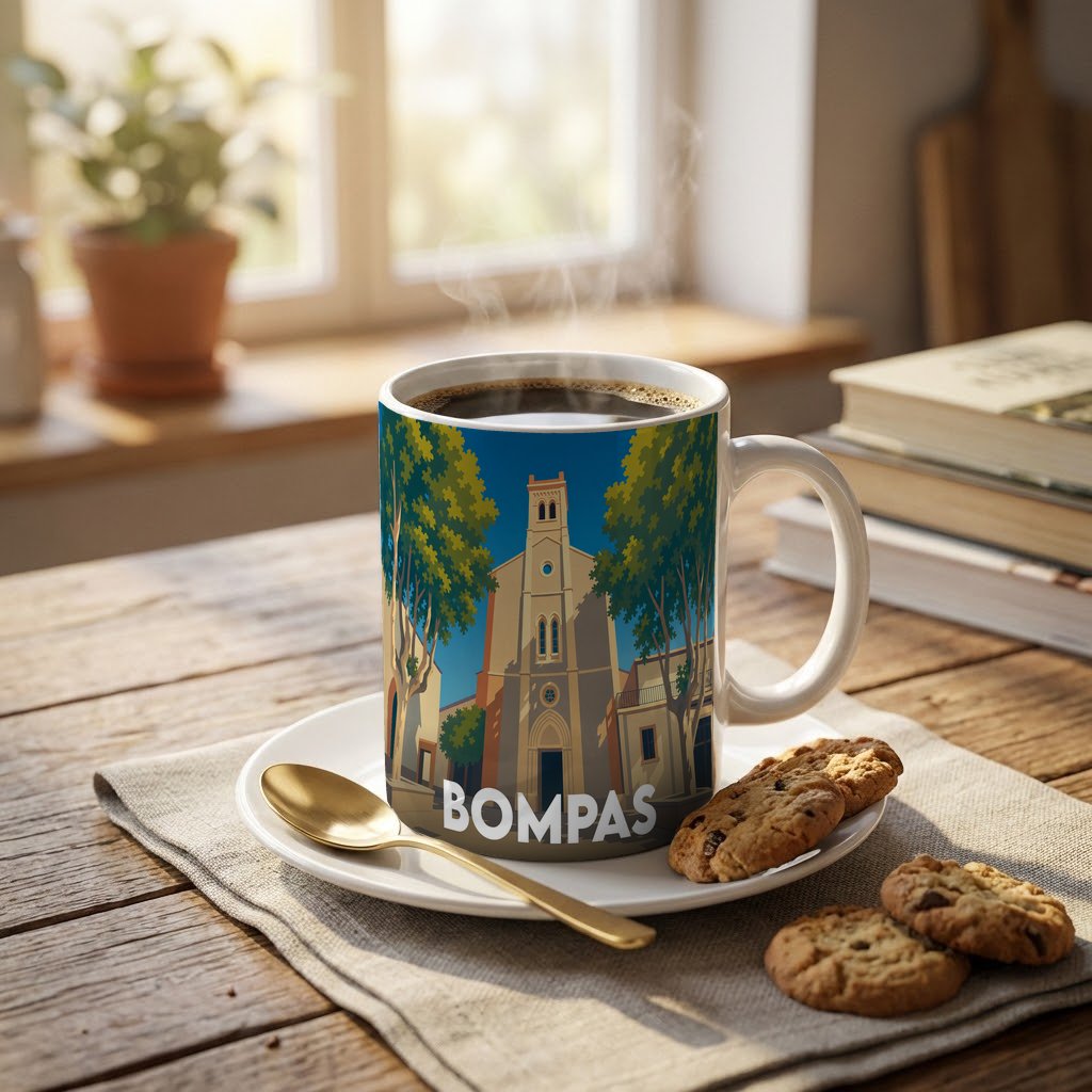 Mug souvenir de la ville de Bompas avec une illustration stylisée de son église entourée d'arbres.