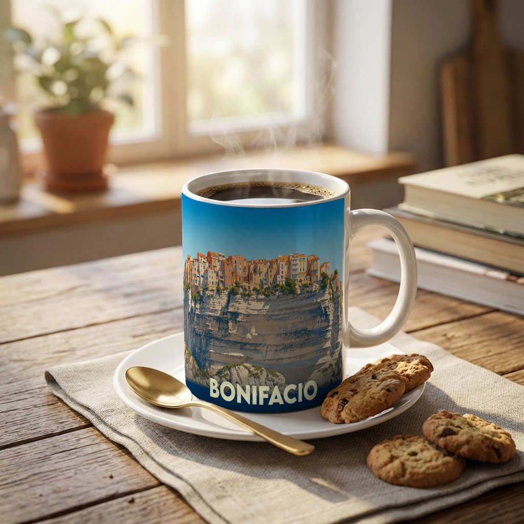 Mug souvenir de la ville de Bonifacio illustré d'un paysage côtier emblématique.