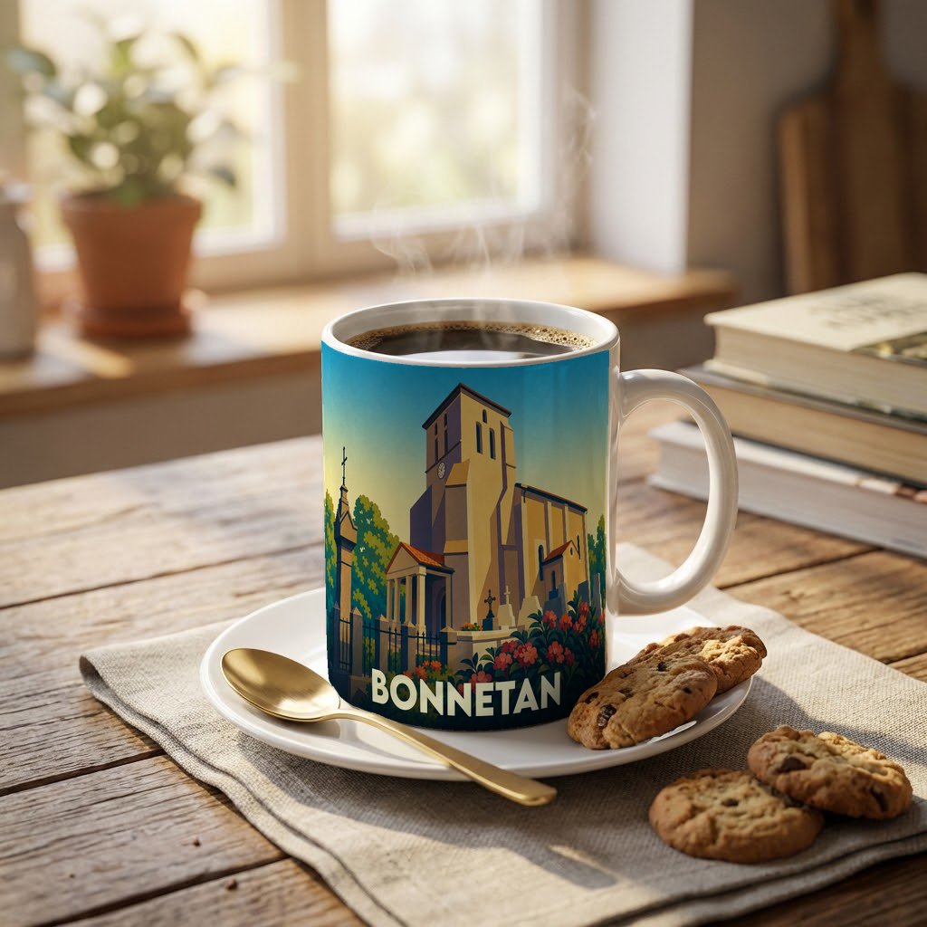 Mug souvenir de la ville de Bonnetan avec une illustration stylisée de son église.