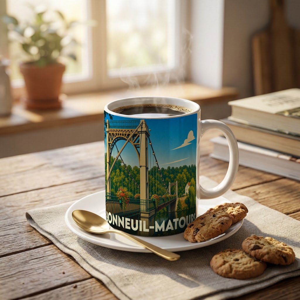 Mug souvenir de la ville de Bonneuil-Matours avec une illustration stylisée de son pont suspendu.
