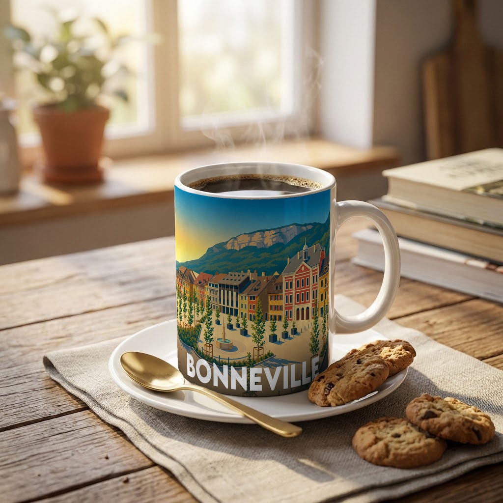 Mug souvenir de la ville de Bonneville avec une illustration stylisée.