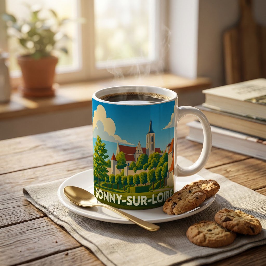 Mug souvenir de la ville de Bonny-sur-Loire avec une illustration stylisée d'un paysage urbain historique.
