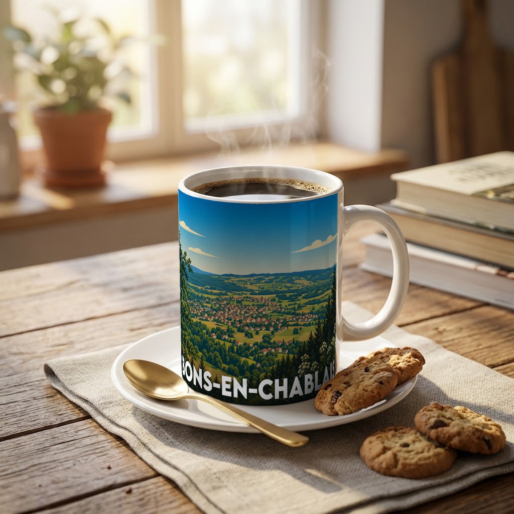 Mug souvenir de la ville de Bons-en-Chablais avec une illustration stylisée d'un paysage vallonné.