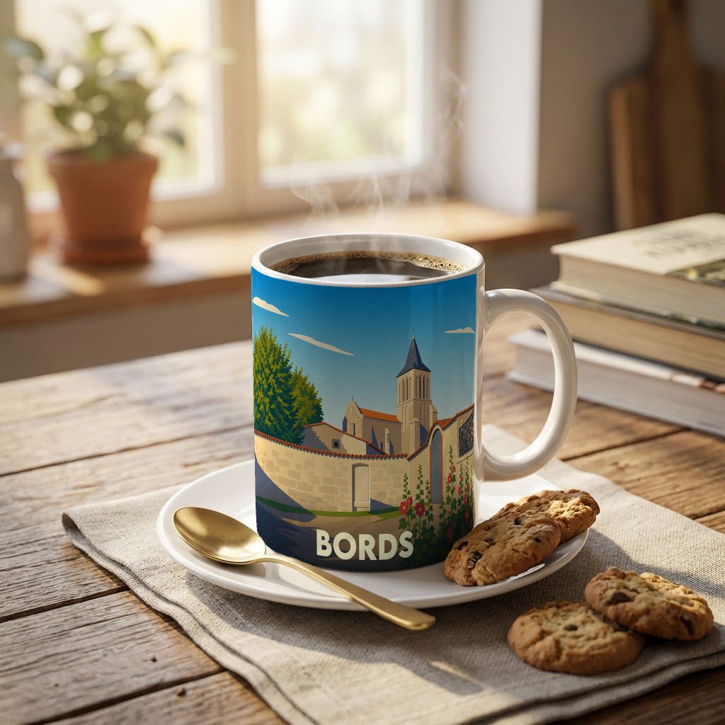 Mug souvenir de la ville de Bords avec une illustration stylisée d'une église et d'un mur en pierre.