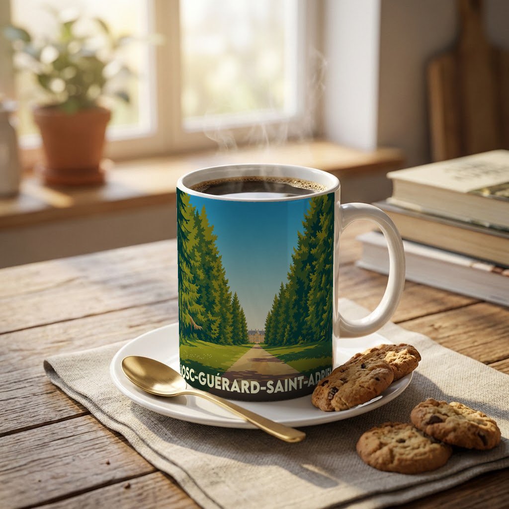 Mug souvenir de la ville de Bosc-Guérard-Saint-Adrien avec une illustration stylisée de l'allée menant au château.