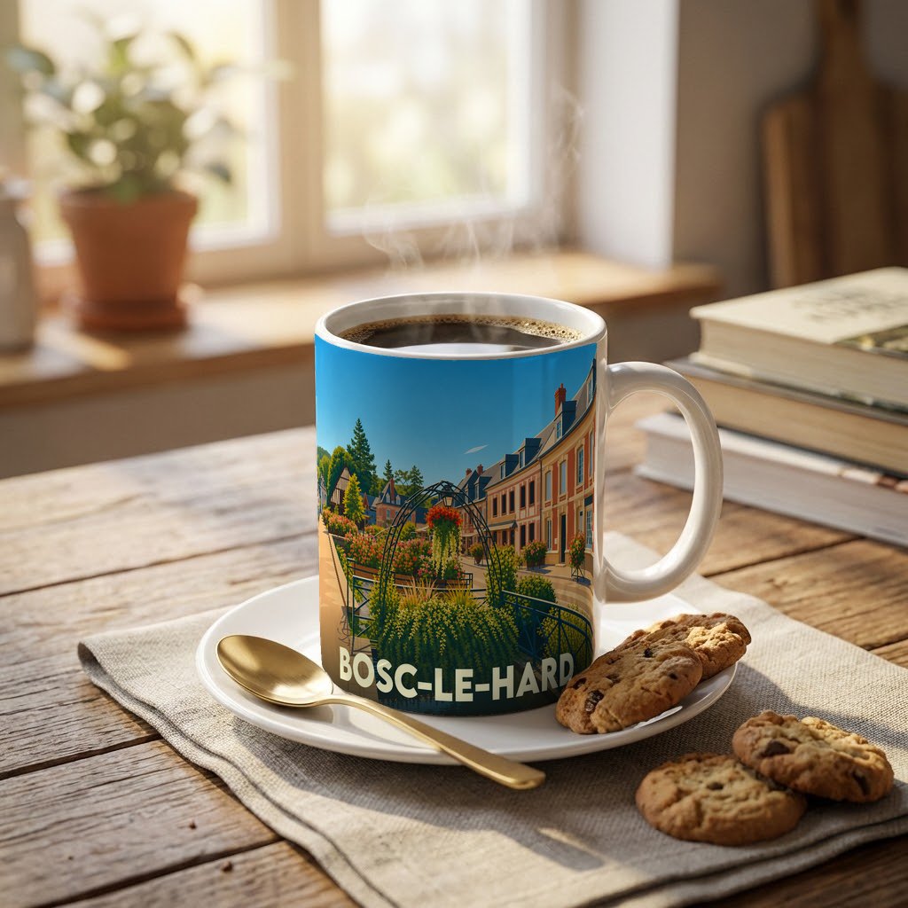 Mug souvenir de la ville de Bosc-le-Hard avec une illustration colorée et stylisée de ses bâtiments et jardins.