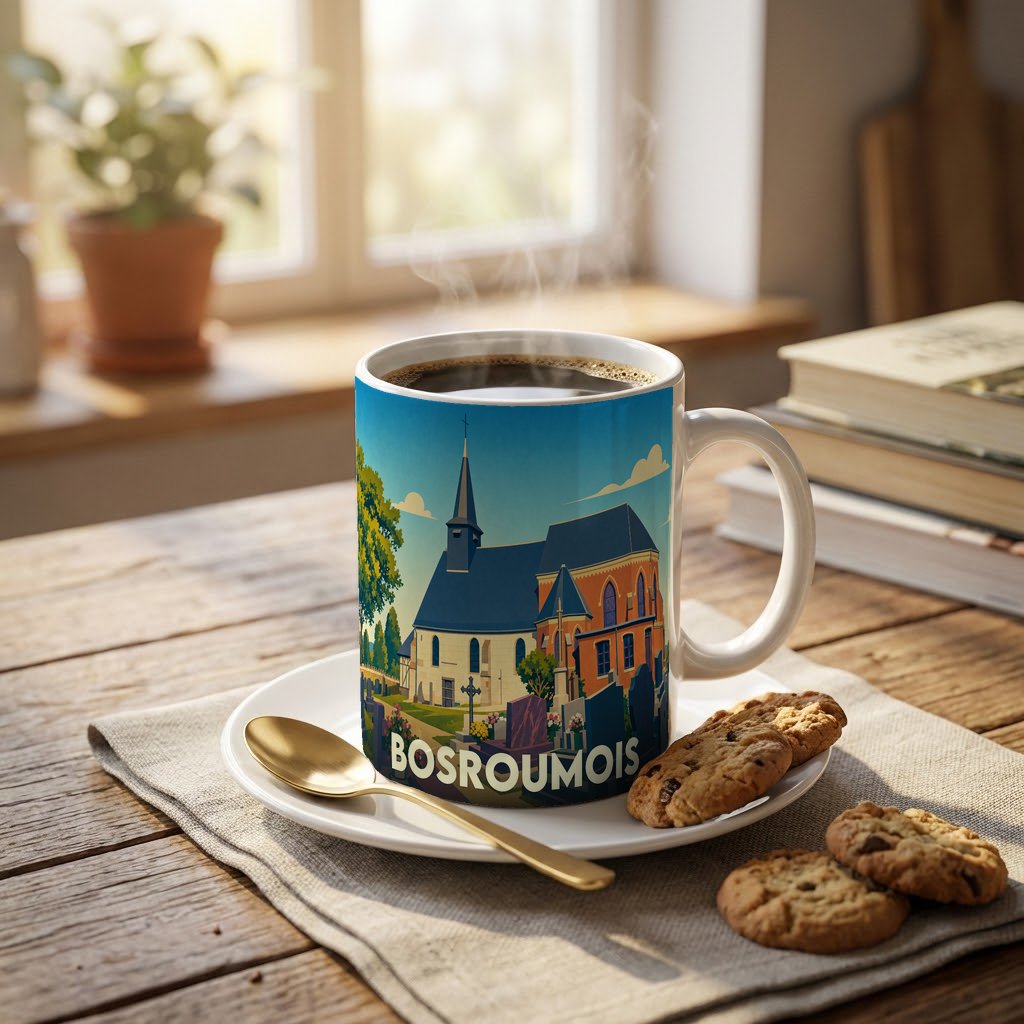 Mug souvenir de la ville de Bosroumois avec une illustration stylisée de son église et de son cimetière.