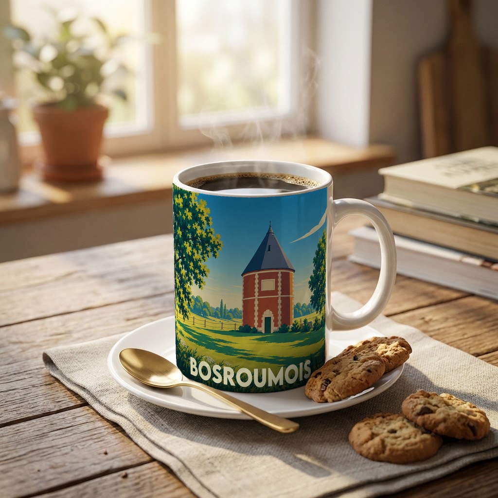 Mug souvenir de la ville de Bosroumois avec une illustration stylisée de son patrimoine local.