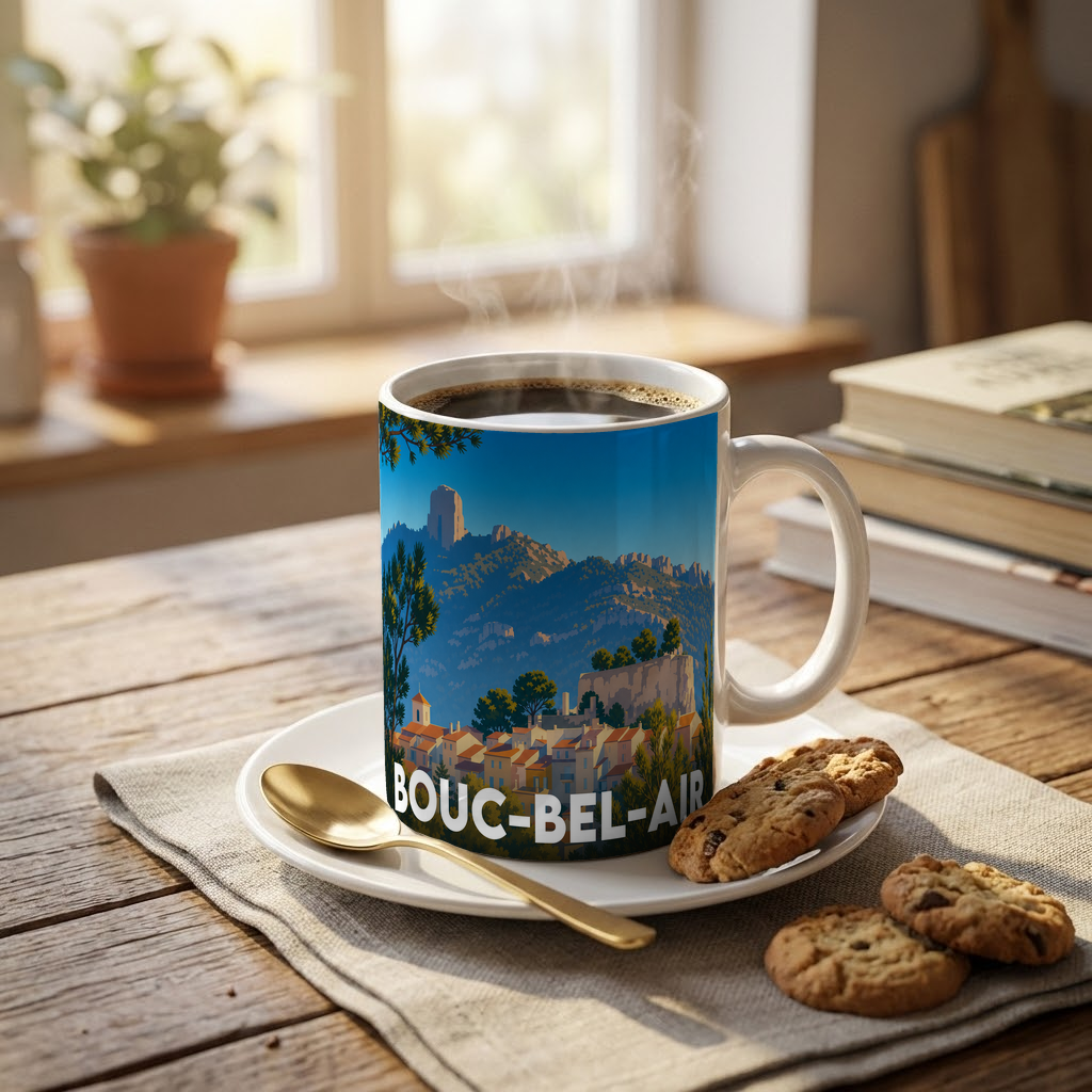 Mug souvenir de la ville de Bouc-Bel-Air avec une illustration stylisée.