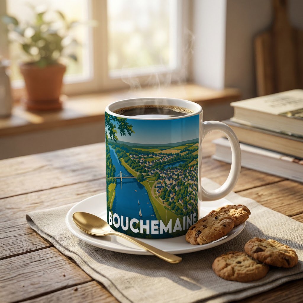 Mug souvenir de la ville de Bouchemaine arborant une illustration paysagère stylisée des bords de Maine.