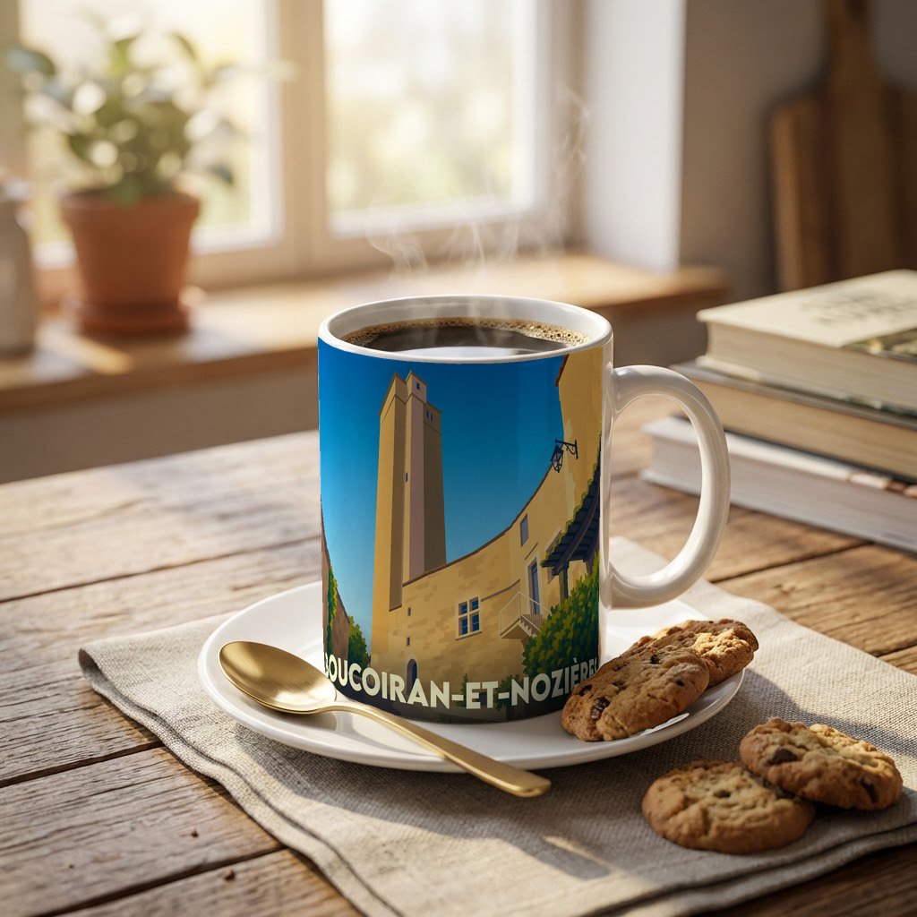 Mug souvenir de la ville de Boucoiran-et-Nozières avec une illustration stylisée de son patrimoine.