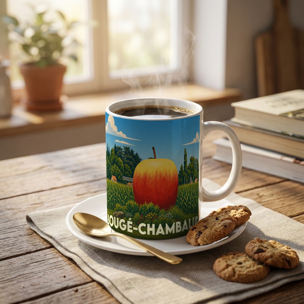 Mug souvenir de la ville de Bougé-Chambalud orné d'une illustration stylisée représentant une pomme géante dans un paysage rural.
