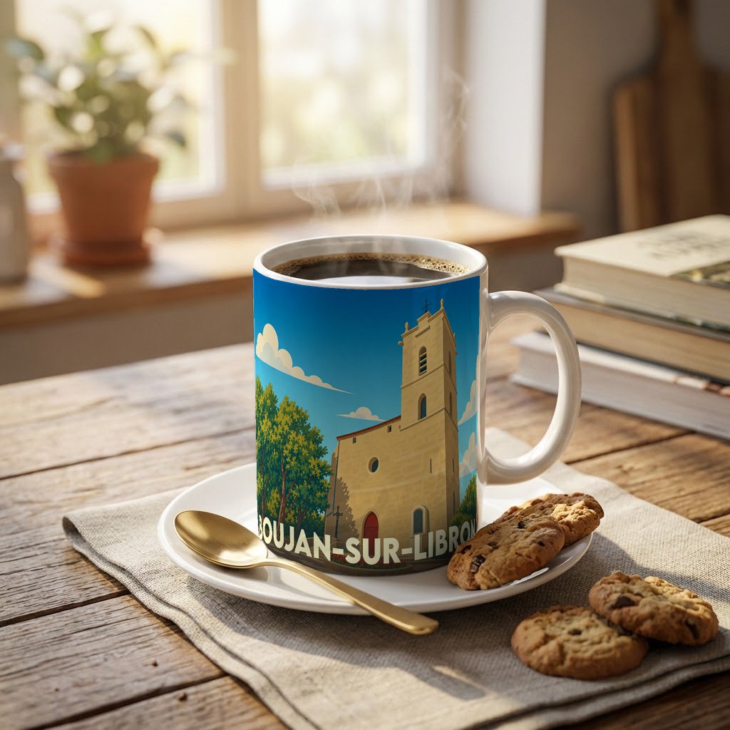 Mug souvenir de la ville de Boujan-sur-Libron avec une illustration stylisée de son église.
